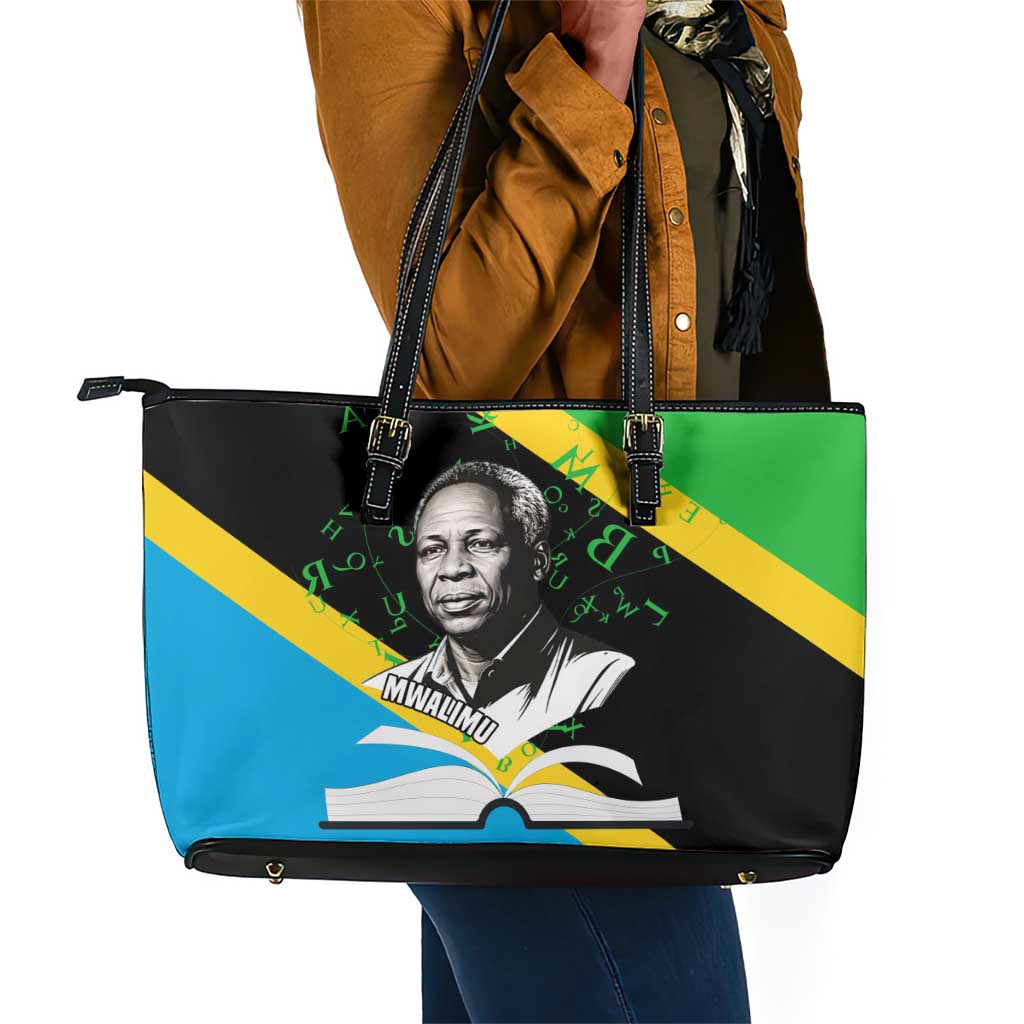 Julius Nyerere Leather Tote Bag Education is a Way of Fighting Poverty Quote and Tanzanian Flag Alphabet - Wonder Print Shop