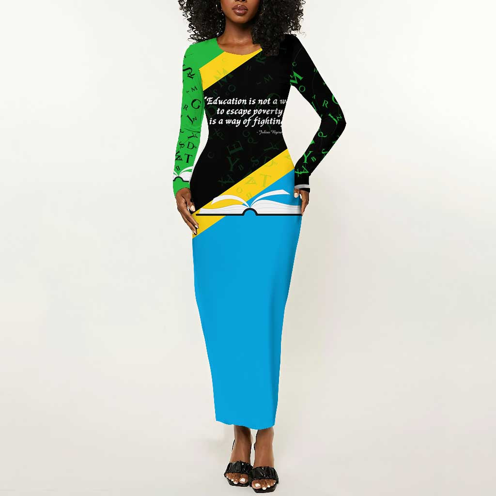 Julius Nyerere Long Sleeve Bodycon Dress Education is a Way of Fighting Poverty Quote and Tanzanian Flag Alphabet - Wonder Print Shop