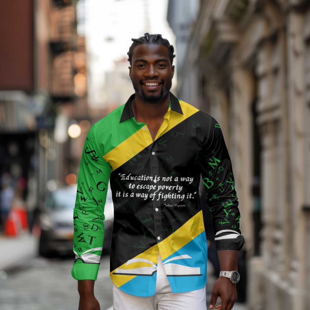 Julius Nyerere Long Sleeve Button Shirt Education is a Way of Fighting Poverty Quote and Tanzanian Flag Alphabet - Wonder Print Shop