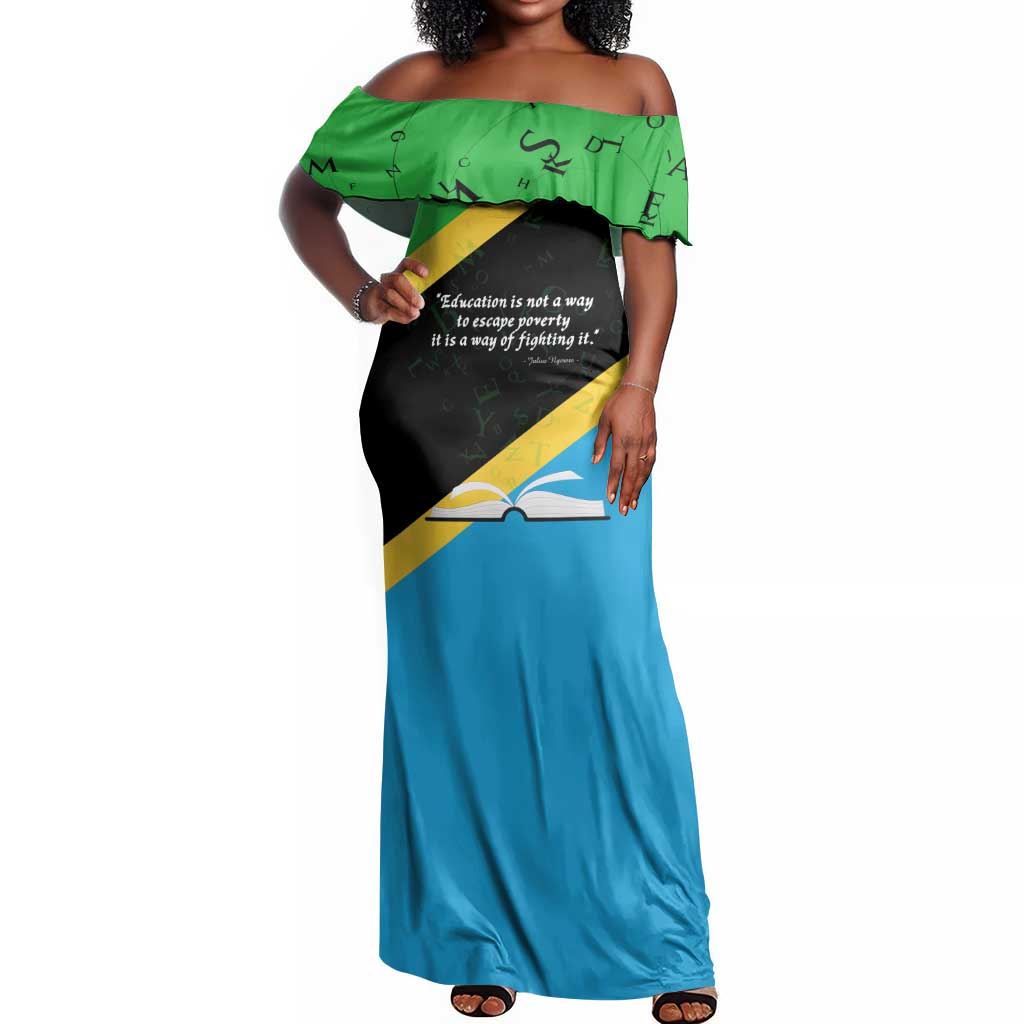 Julius Nyerere Off Shoulder Maxi Dress Education is a Way of Fighting Poverty Quote and Tanzanian Flag Alphabet - Wonder Print Shop
