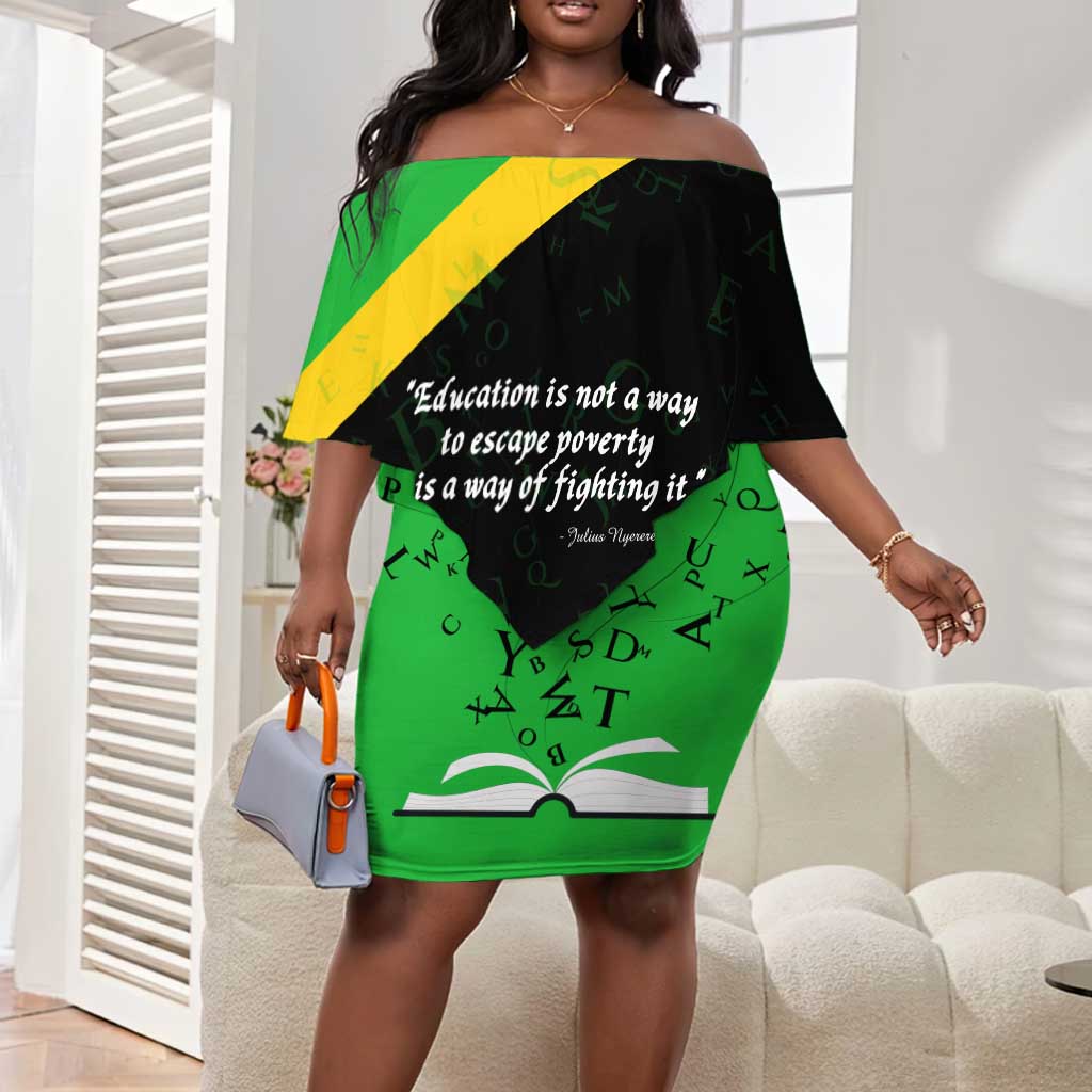 Julius Nyerere Off Shoulder Short Dress Education is a Way of Fighting Poverty Quote and Tanzanian Flag Alphabet - Wonder Print Shop