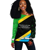 Julius Nyerere Off Shoulder Sweater Education is a Way of Fighting Poverty Quote and Tanzanian Flag Alphabet - Wonder Print Shop
