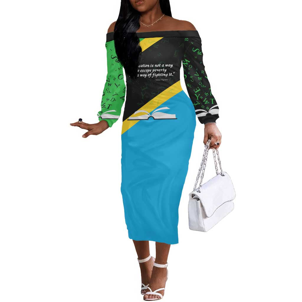 Julius Nyerere Off The Shoulder Long Sleeve Dress Education is a Way of Fighting Poverty Quote and Tanzanian Flag Alphabet - Wonder Print Shop