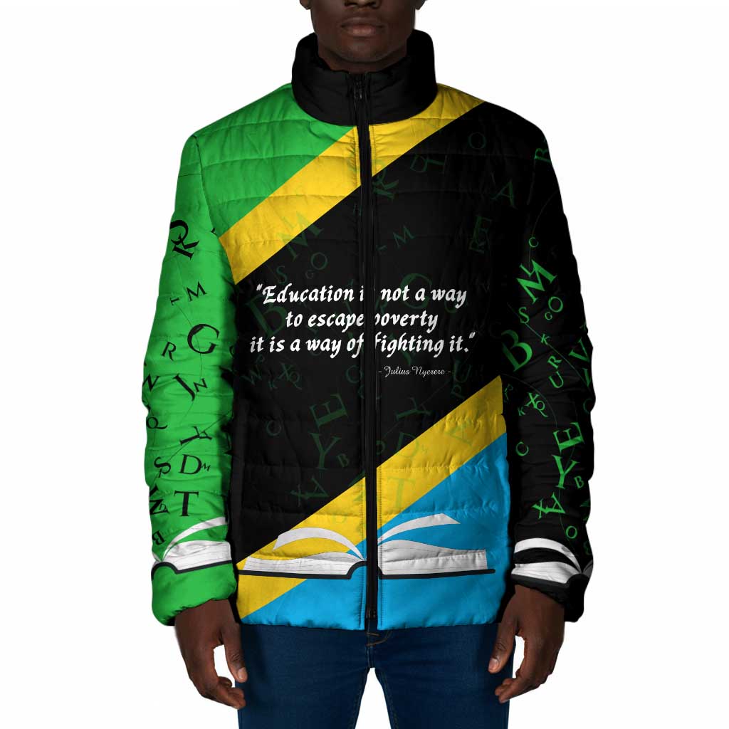 Julius Nyerere Padded Jacket Education is a Way of Fighting Poverty Quote and Tanzanian Flag Alphabet - Wonder Print Shop
