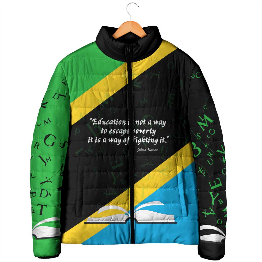 Julius Nyerere Padded Jacket Education is a Way of Fighting Poverty Quote and Tanzanian Flag Alphabet - Wonder Print Shop
