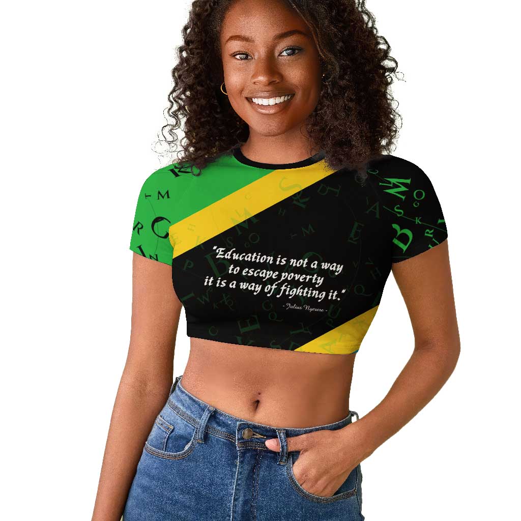 Julius Nyerere Raglan Cropped T shirt Education is a Way of Fighting Poverty Quote and Tanzanian Flag Alphabet - Wonder Print Shop