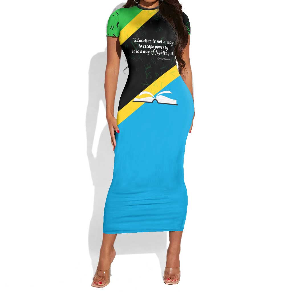 Julius Nyerere Short Sleeve Bodycon Dress Education is a Way of Fighting Poverty Quote and Tanzanian Flag Alphabet - Wonder Print Shop