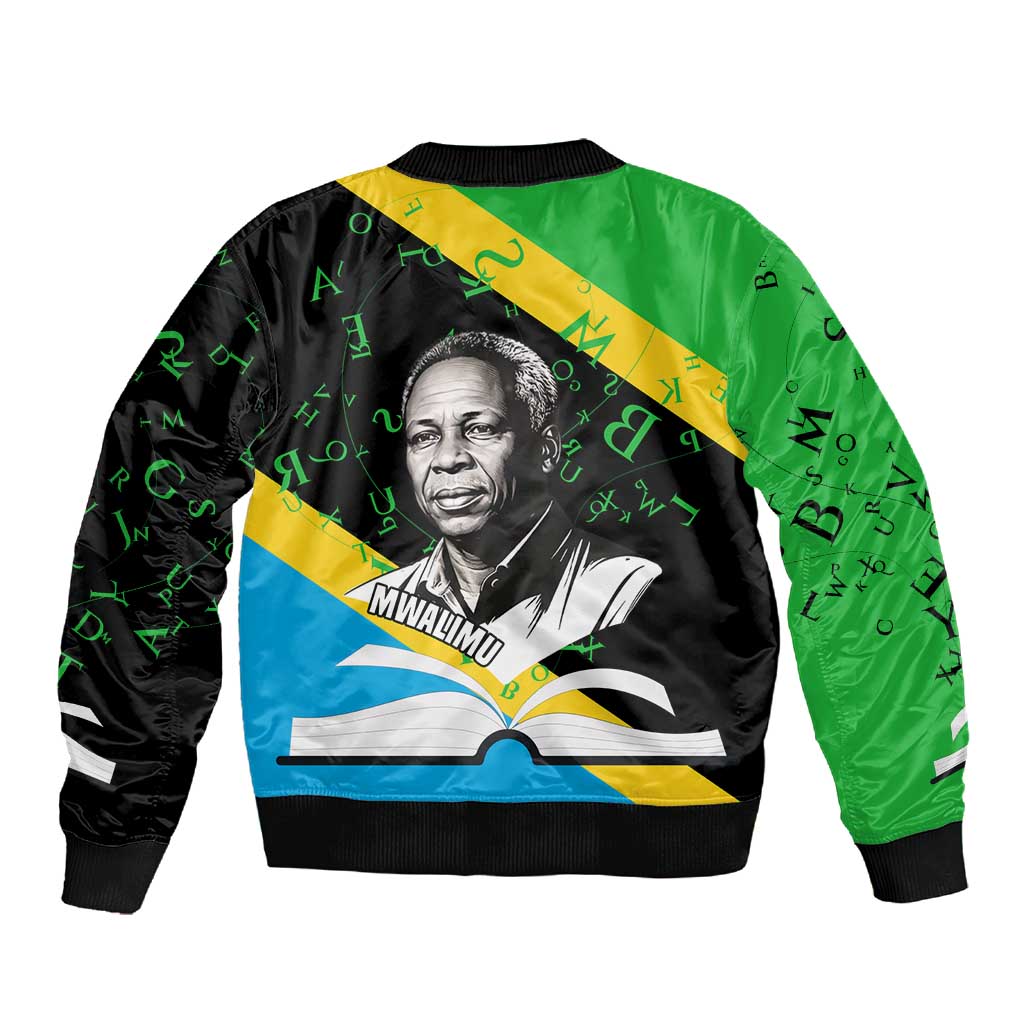 Julius Nyerere Sleeve Zip Bomber Jacket Education is a Way of Fighting Poverty Quote and Tanzanian Flag Alphabet - Wonder Print Shop