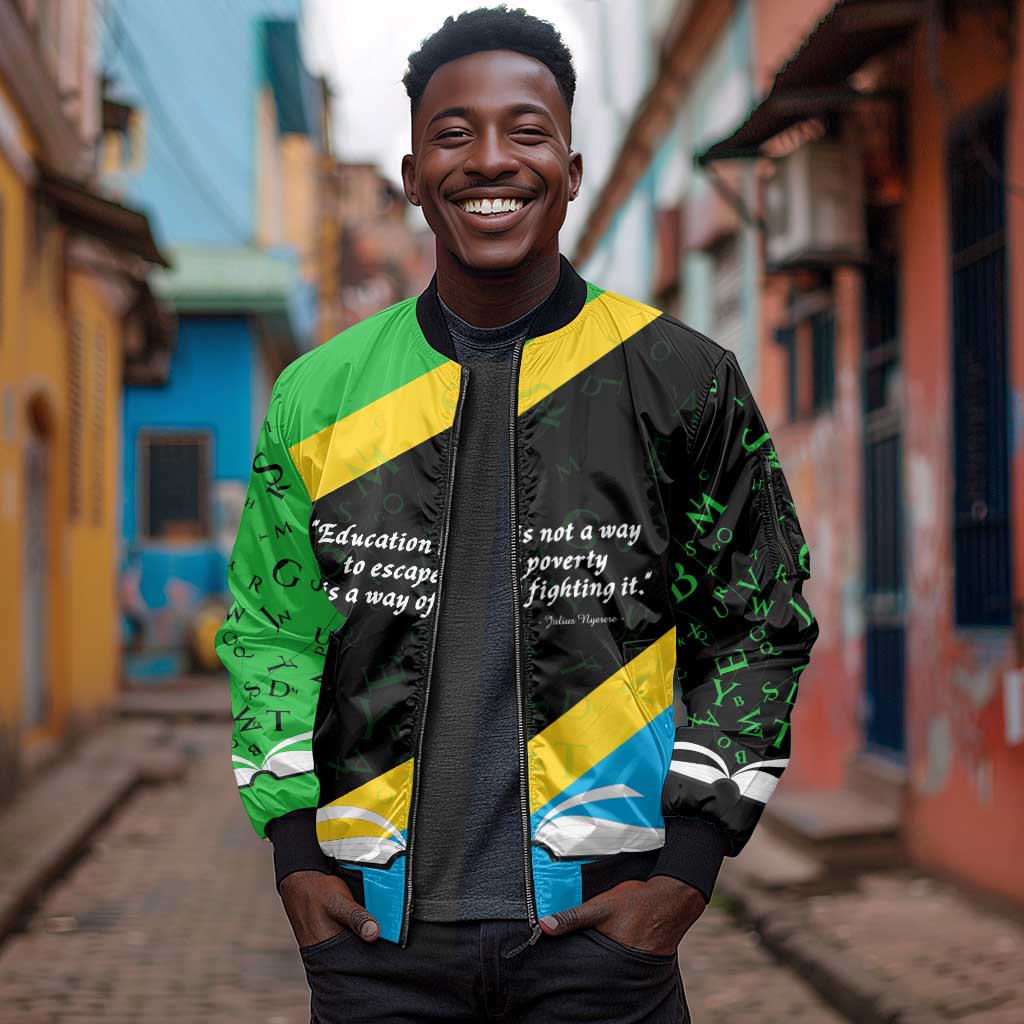 Julius Nyerere Sleeve Zip Bomber Jacket Education is a Way of Fighting Poverty Quote and Tanzanian Flag Alphabet - Wonder Print Shop