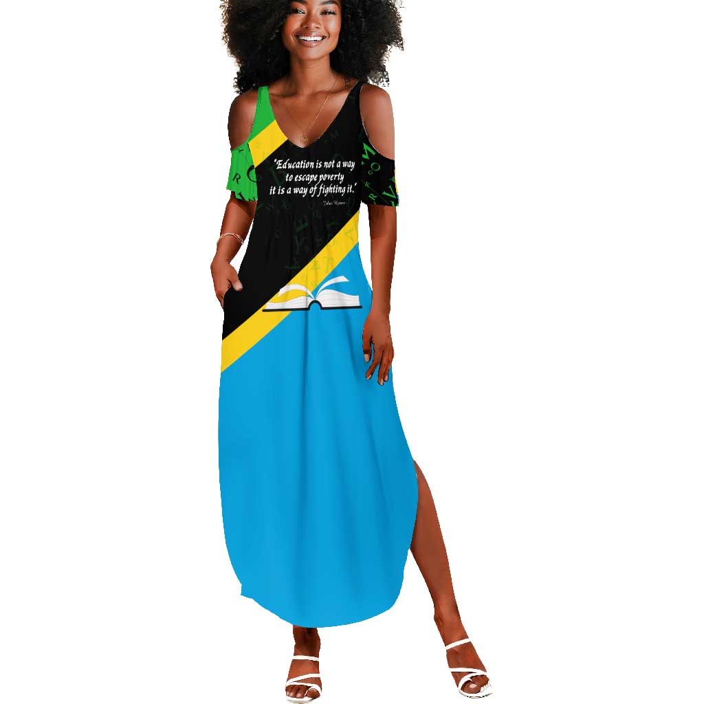Julius Nyerere Summer Maxi Dress Education is a Way of Fighting Poverty Quote and Tanzanian Flag Alphabet - Wonder Print Shop