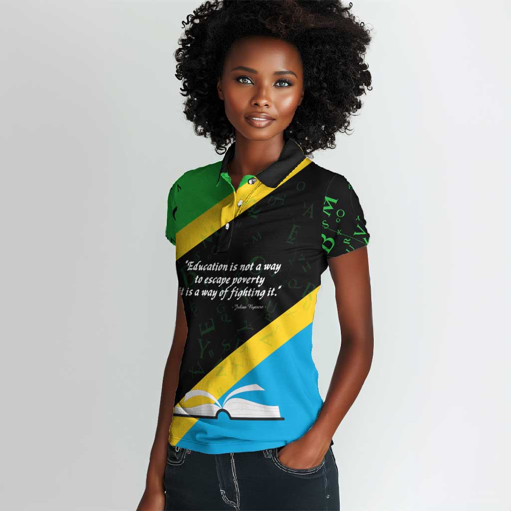 Julius Nyerere Women Polo Shirt Education is a Way of Fighting Poverty Quote and Tanzanian Flag Alphabet - Wonder Print Shop
