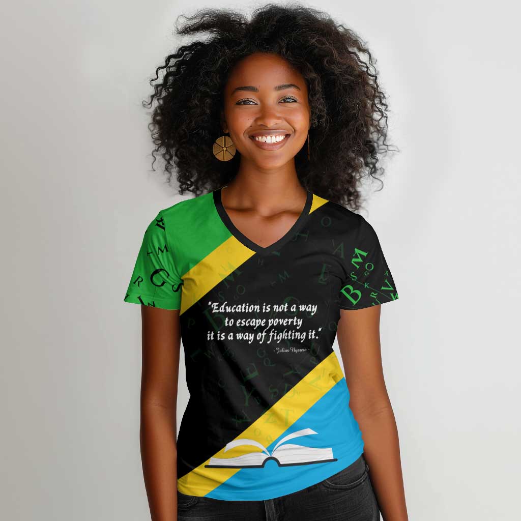 Julius Nyerere Women V-Neck T-Shirt Education is a Way of Fighting Poverty Quote and Tanzanian Flag Alphabet - Wonder Print Shop