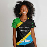 Julius Nyerere Women V-Neck T-Shirt Education is a Way of Fighting Poverty Quote and Tanzanian Flag Alphabet - Wonder Print Shop