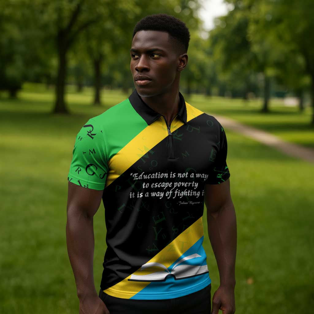Julius Nyerere Zipper Polo Shirt Education is a Way of Fighting Poverty Quote and Tanzanian Flag Alphabet - Wonder Print Shop