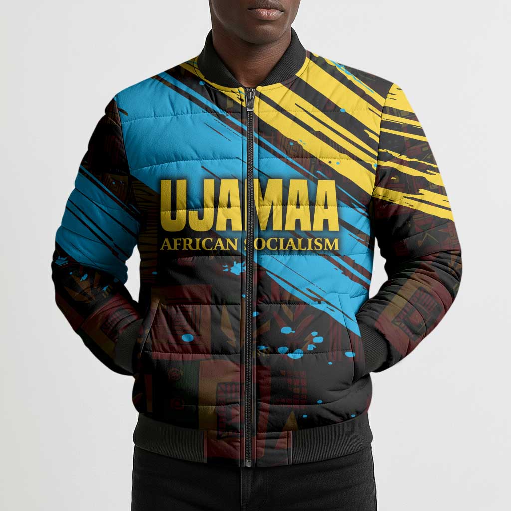 Julius Nyerere Bomber Puffer Jacket Ujamaa African Socialism Text and Bold Striped Pattern - Wonder Print Shop