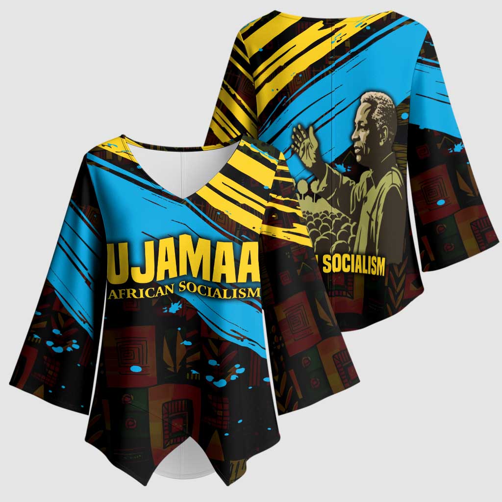 Julius Nyerere Kimono Sleeve Blouse Ujamaa African Socialism Text and Bold Striped Pattern - Wonder Print Shop