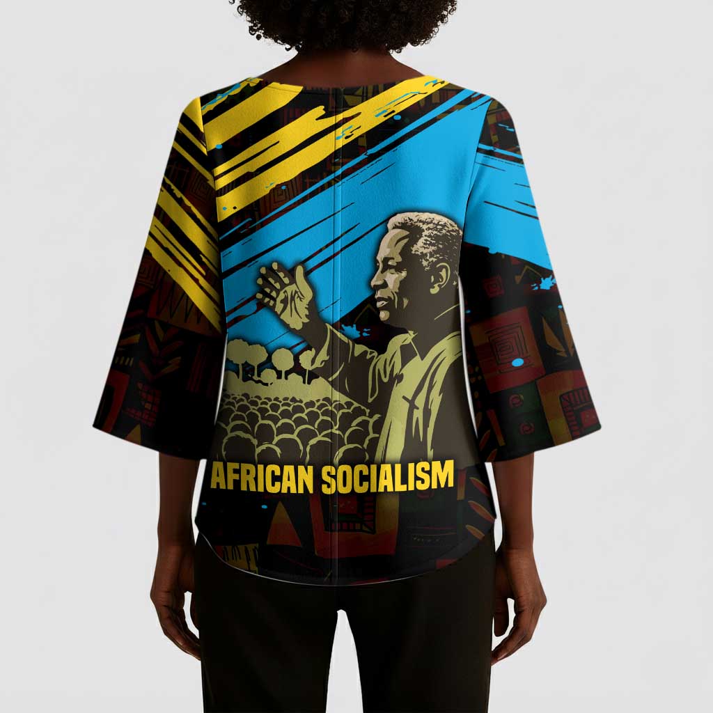 Julius Nyerere Kimono Sleeve Blouse Ujamaa African Socialism Text and Bold Striped Pattern - Wonder Print Shop
