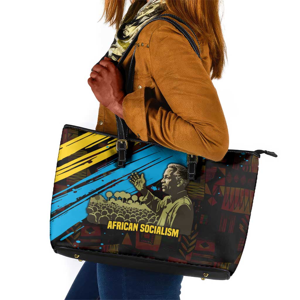Julius Nyerere Leather Tote Bag Ujamaa African Socialism Text and Bold Striped Pattern - Wonder Print Shop