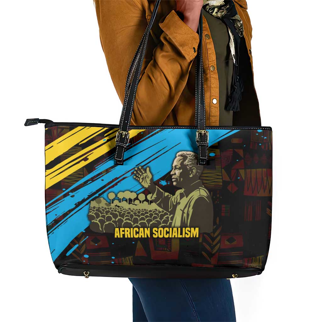 Julius Nyerere Leather Tote Bag Ujamaa African Socialism Text and Bold Striped Pattern - Wonder Print Shop