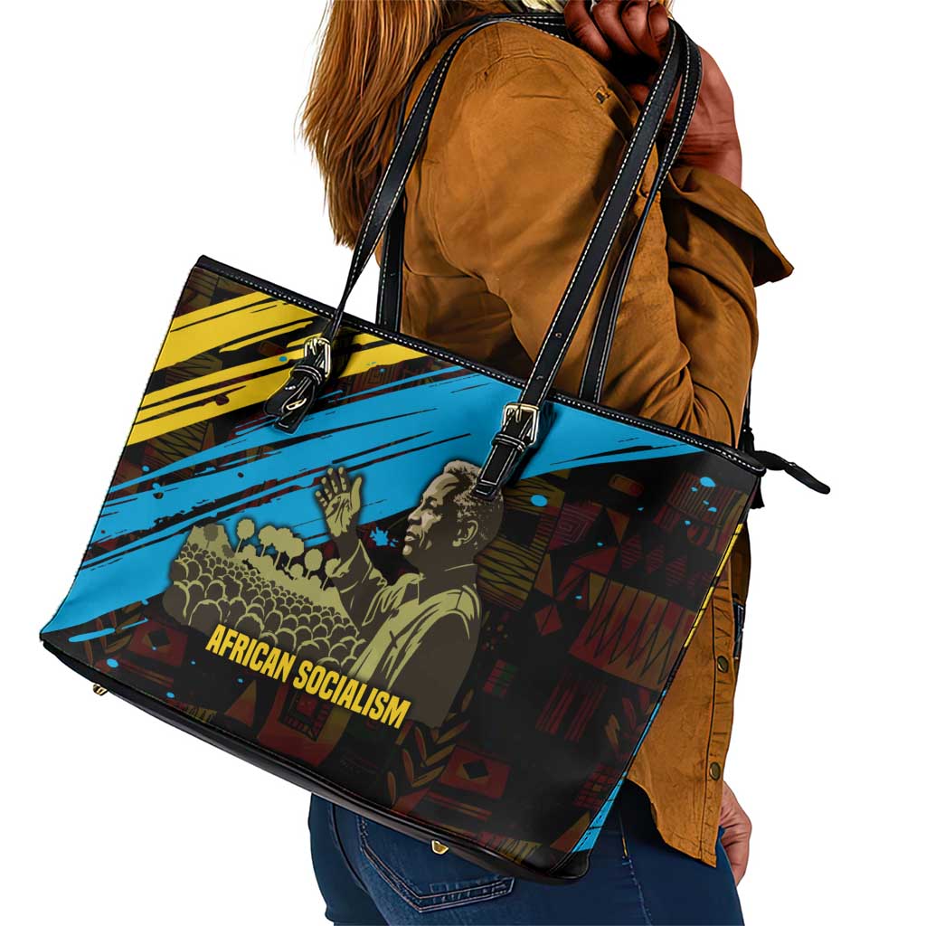 Julius Nyerere Leather Tote Bag Ujamaa African Socialism Text and Bold Striped Pattern - Wonder Print Shop