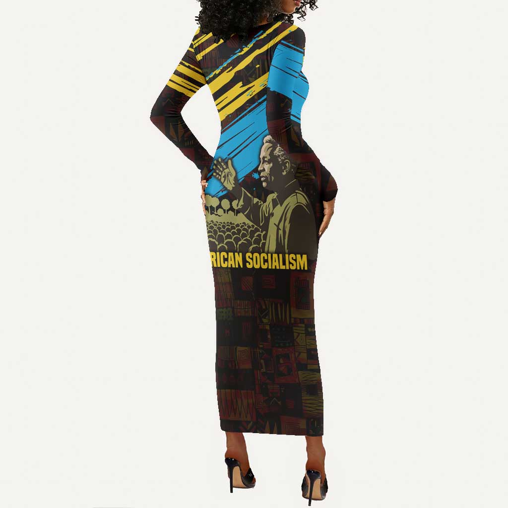 Julius Nyerere Long Sleeve Bodycon Dress Ujamaa African Socialism Text and Bold Striped Pattern - Wonder Print Shop