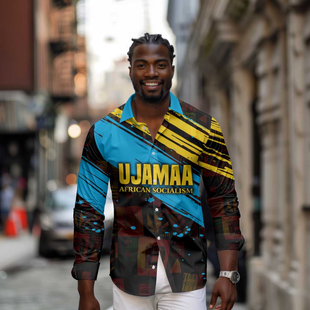 Julius Nyerere Long Sleeve Button Shirt Ujamaa African Socialism Text and Bold Striped Pattern - Wonder Print Shop