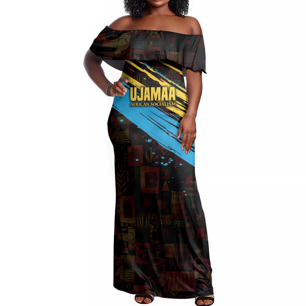 Julius Nyerere Off Shoulder Maxi Dress Ujamaa African Socialism Text and Bold Striped Pattern - Wonder Print Shop