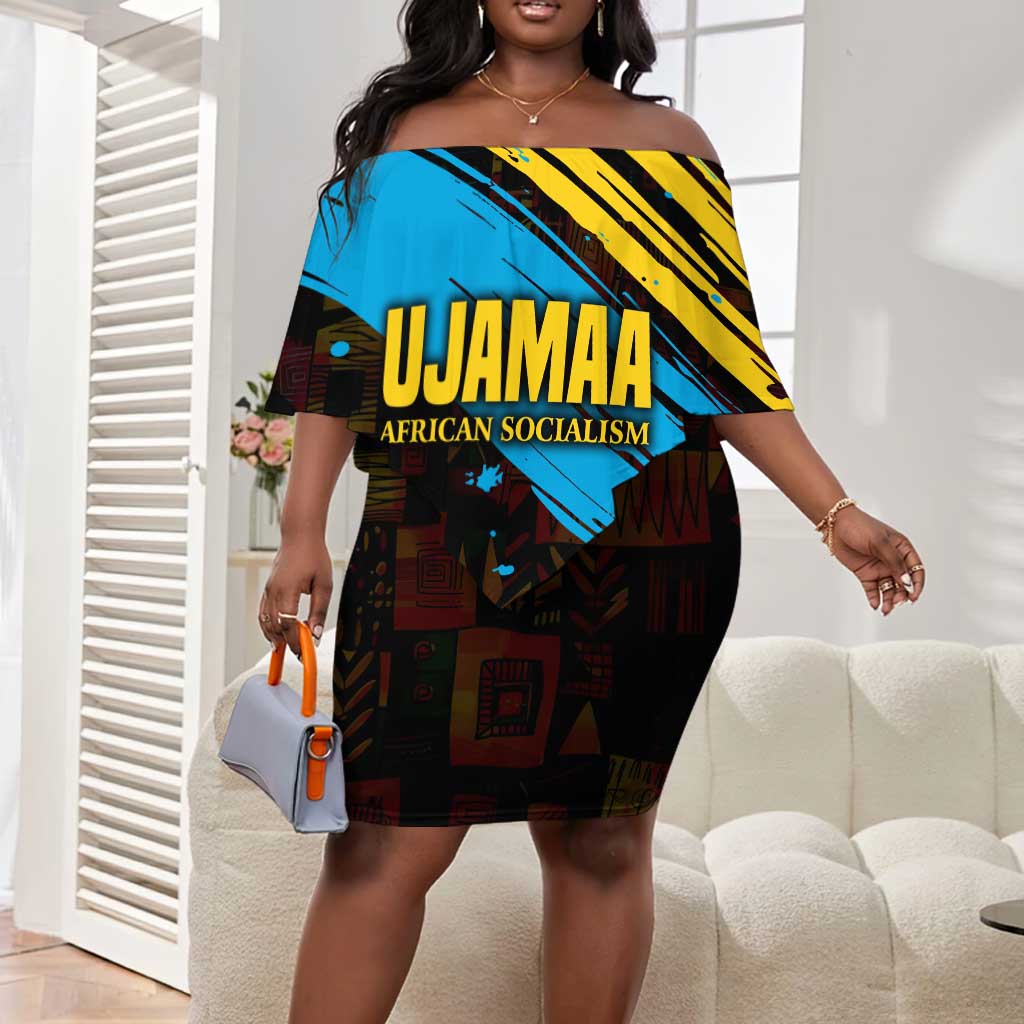 Julius Nyerere Off Shoulder Short Dress Ujamaa African Socialism Text and Bold Striped Pattern - Wonder Print Shop