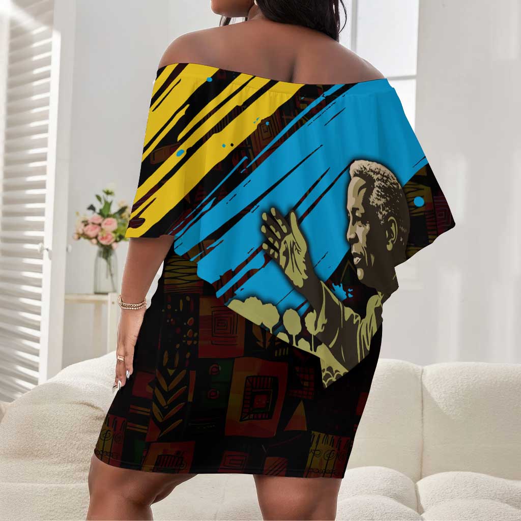 Julius Nyerere Off Shoulder Short Dress Ujamaa African Socialism Text and Bold Striped Pattern - Wonder Print Shop