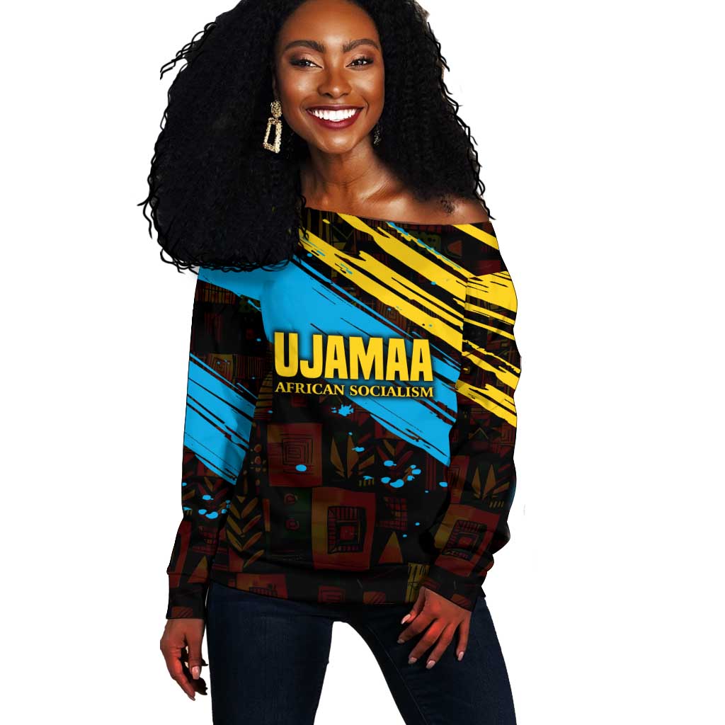 Julius Nyerere Off Shoulder Sweater Ujamaa African Socialism Text and Bold Striped Pattern - Wonder Print Shop