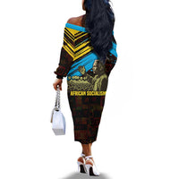 Julius Nyerere Off The Shoulder Long Sleeve Dress Ujamaa African Socialism Text and Bold Striped Pattern - Wonder Print Shop