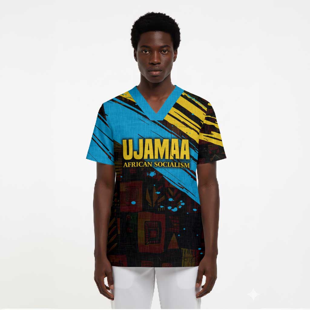 Julius Nyerere Scrub Top Ujamaa African Socialism Text and Bold Striped Pattern - Wonder Print Shop