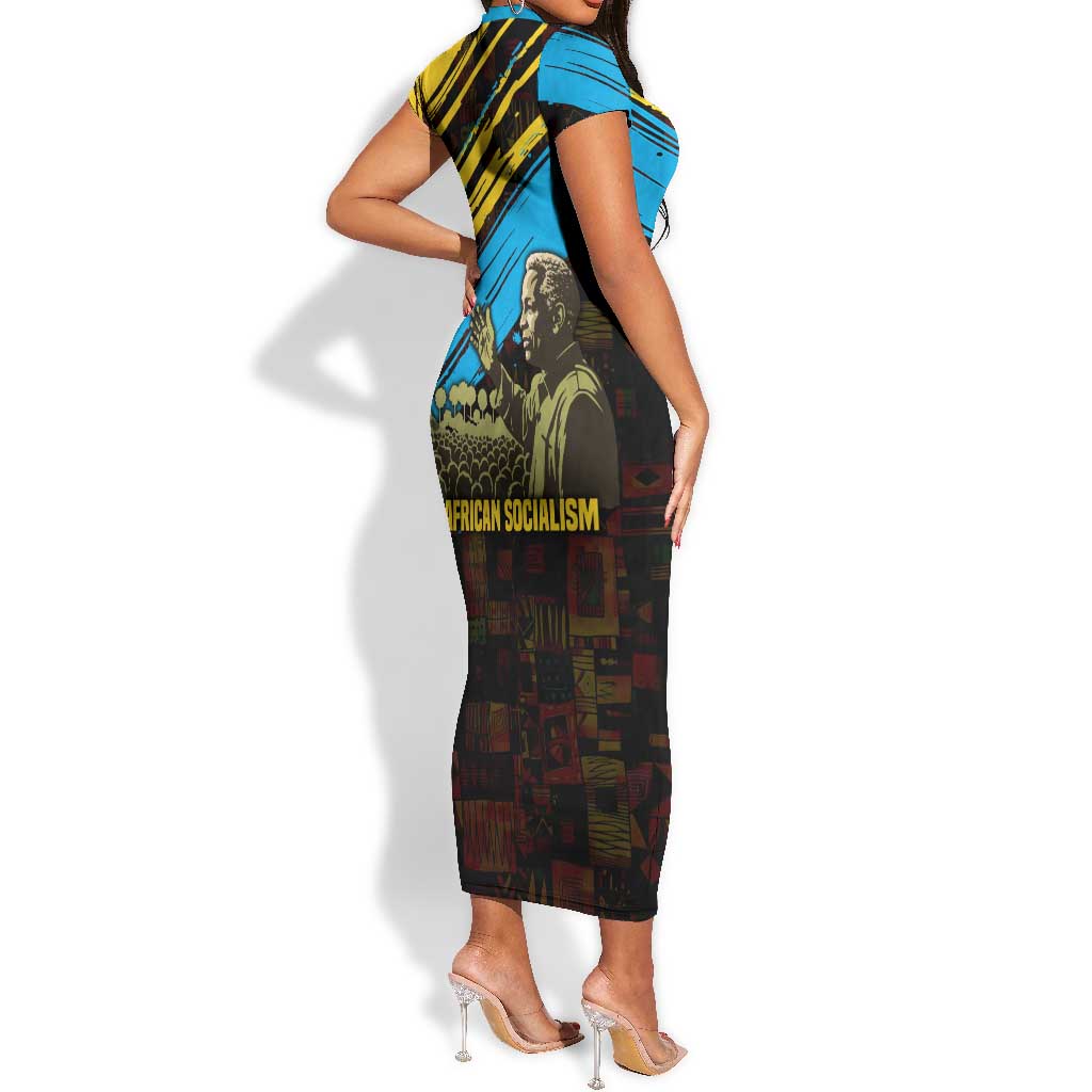 Julius Nyerere Short Sleeve Bodycon Dress Ujamaa African Socialism Text and Bold Striped Pattern - Wonder Print Shop
