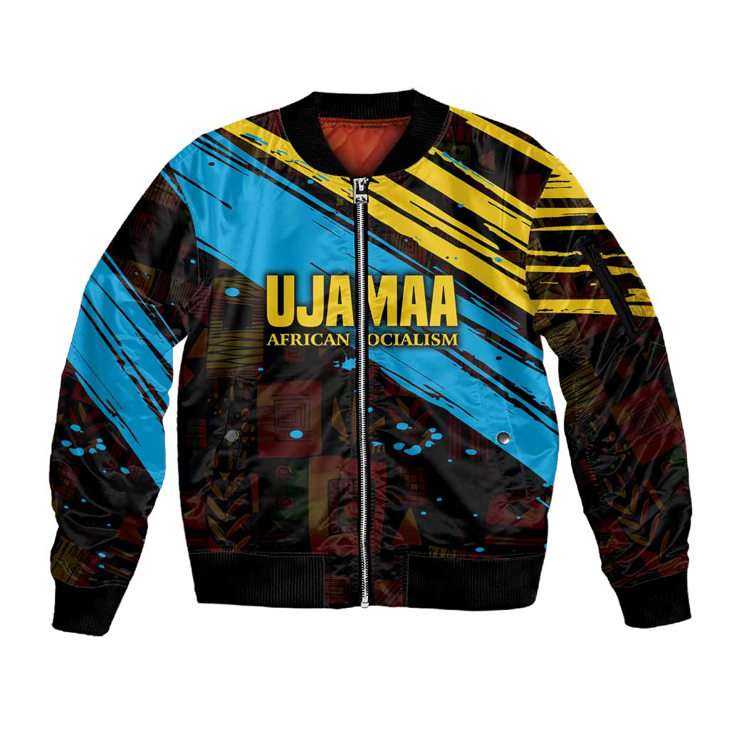 Julius Nyerere Sleeve Zip Bomber Jacket Ujamaa African Socialism Text and Bold Striped Pattern - Wonder Print Shop