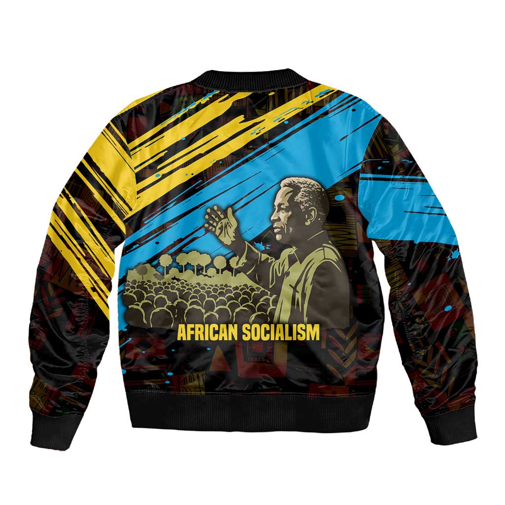 Julius Nyerere Sleeve Zip Bomber Jacket Ujamaa African Socialism Text and Bold Striped Pattern - Wonder Print Shop
