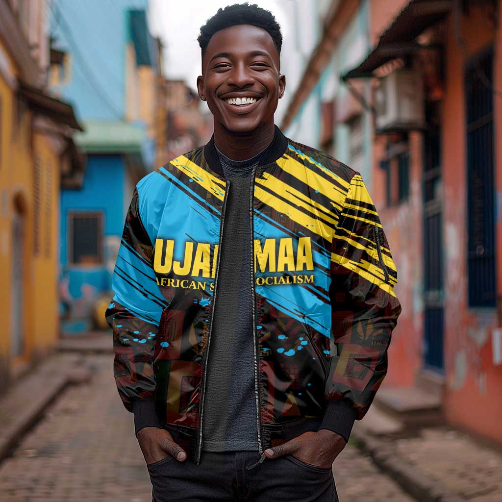 Julius Nyerere Sleeve Zip Bomber Jacket Ujamaa African Socialism Text and Bold Striped Pattern - Wonder Print Shop