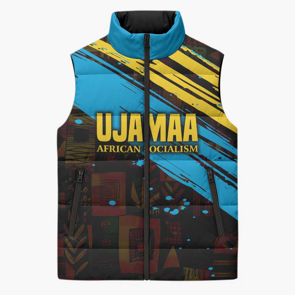 Julius Nyerere Sleeveless Puffer Jacket Ujamaa African Socialism Text and Bold Striped Pattern - Wonder Print Shop