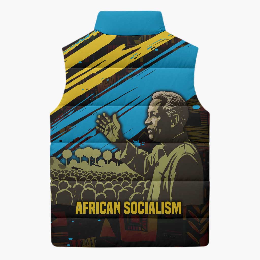 Julius Nyerere Sleeveless Puffer Jacket Ujamaa African Socialism Text and Bold Striped Pattern - Wonder Print Shop
