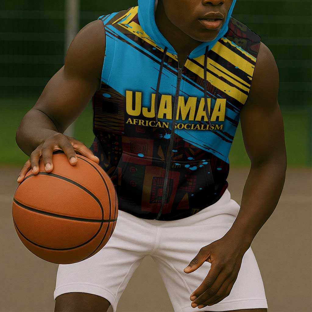Julius Nyerere Sleeveless Zip Hoodie Ujamaa African Socialism Text and Bold Striped Pattern - Wonder Print Shop