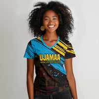 Julius Nyerere Women V-Neck T-Shirt Ujamaa African Socialism Text and Bold Striped Pattern - Wonder Print Shop