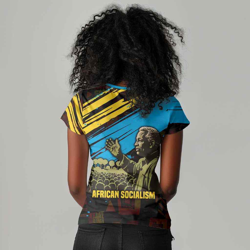 Julius Nyerere Women V-Neck T-Shirt Ujamaa African Socialism Text and Bold Striped Pattern - Wonder Print Shop