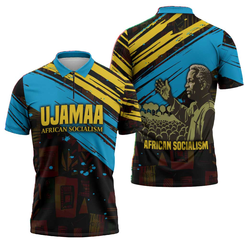 Julius Nyerere Zipper Polo Shirt Ujamaa African Socialism Text and Bold Striped Pattern - Wonder Print Shop