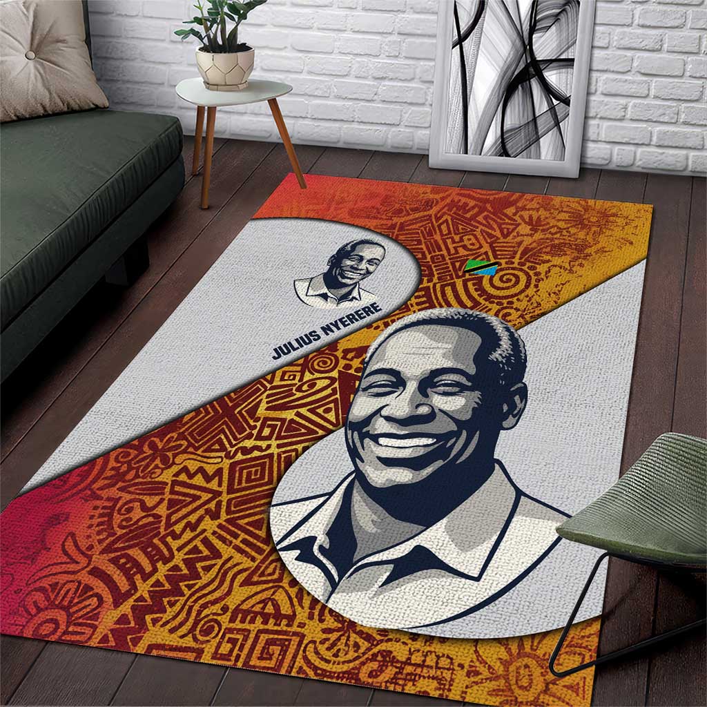 Julius Nyerere Area Rug with Smiling Portrait, Tribal Pattern and Simplicity is Power Quote - Wonder Print Shop