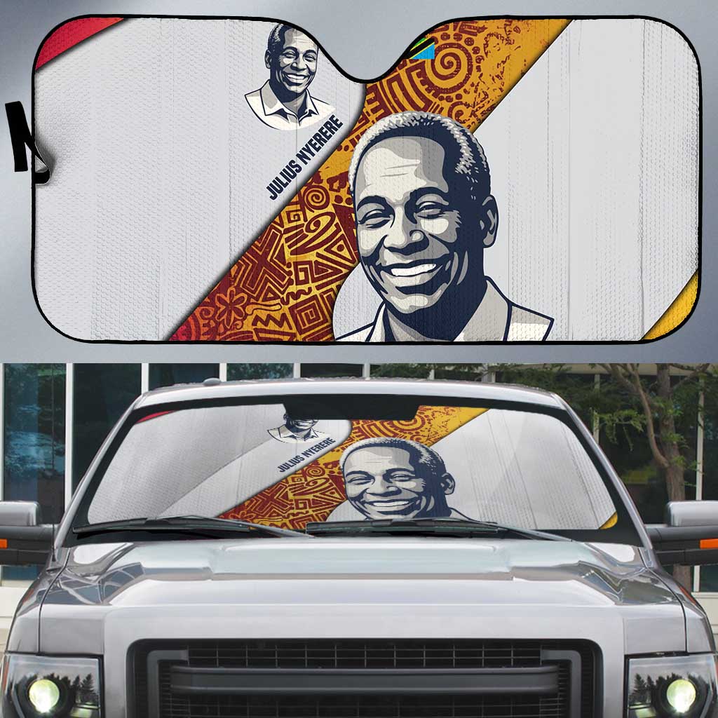 Julius Nyerere Auto Sun Shade with Smiling Portrait, Tribal Pattern and Simplicity is Power Quote - Wonder Print Shop