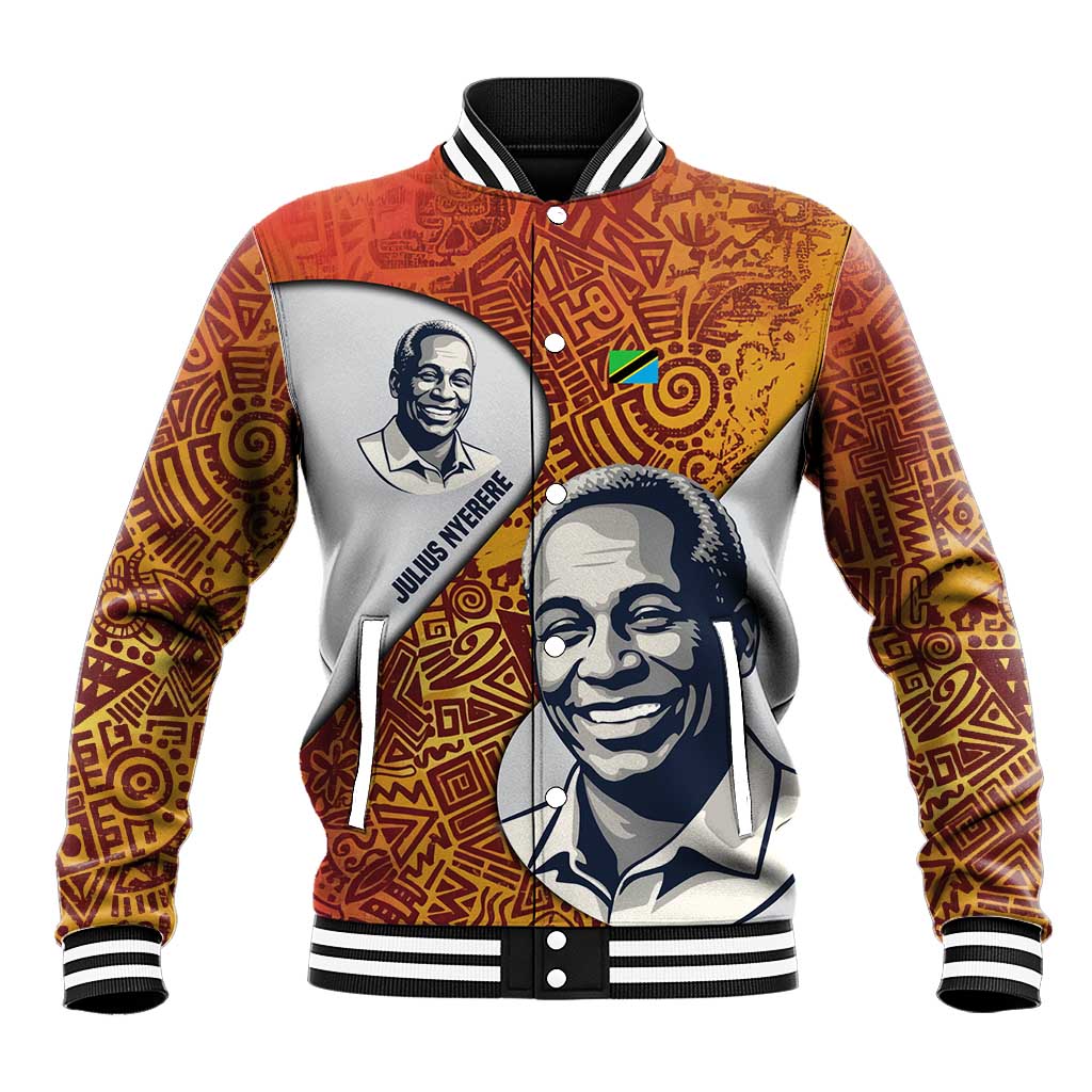 Julius Nyerere Baseball Jacket with Smiling Portrait, Tribal Pattern and Simplicity is Power Quote - Wonder Print Shop