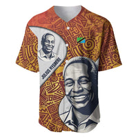 Julius Nyerere Baseball Jersey with Smiling Portrait, Tribal Pattern and Simplicity is Power Quote - Wonder Print Shop