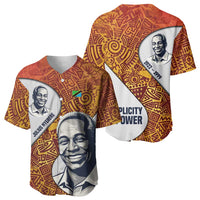 Julius Nyerere Baseball Jersey with Smiling Portrait, Tribal Pattern and Simplicity is Power Quote - Wonder Print Shop