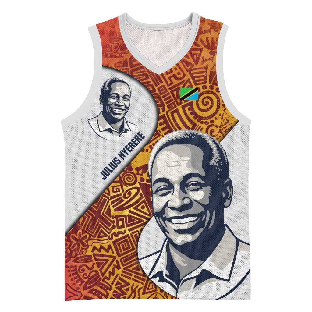 Julius Nyerere Basketball Jersey with Smiling Portrait, Tribal Pattern and Simplicity is Power Quote - Wonder Print Shop