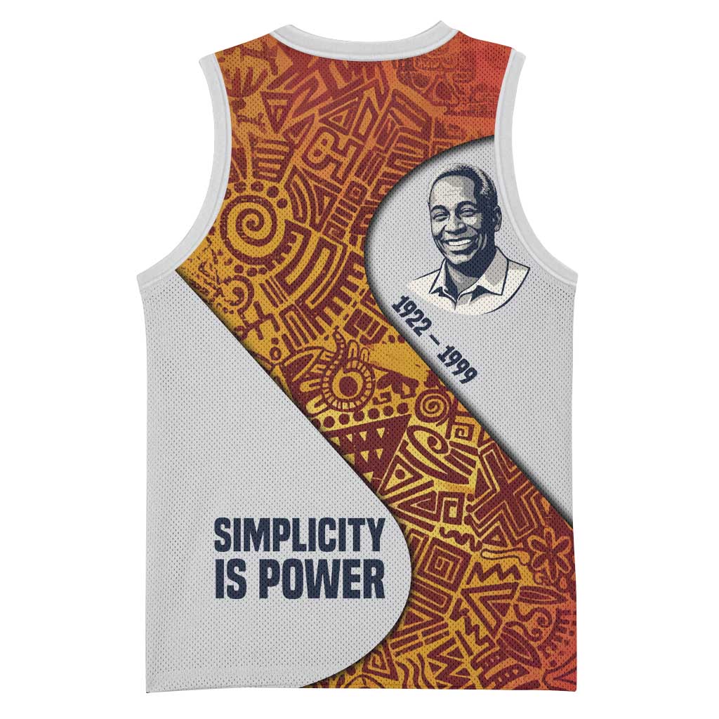 Julius Nyerere Basketball Jersey with Smiling Portrait, Tribal Pattern and Simplicity is Power Quote - Wonder Print Shop
