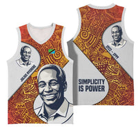 Julius Nyerere Basketball Jersey with Smiling Portrait, Tribal Pattern and Simplicity is Power Quote - Wonder Print Shop